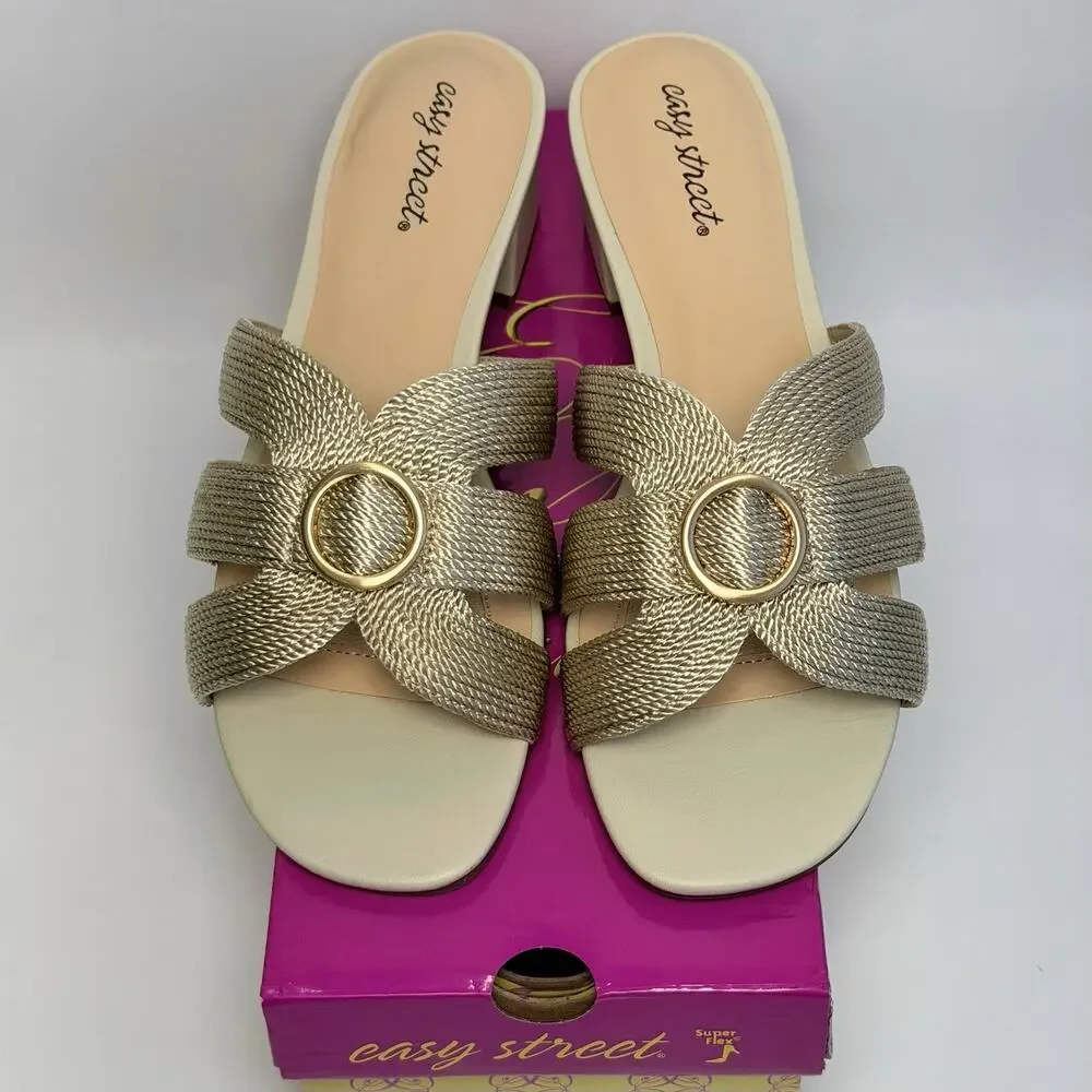 Easy Street Women’s Onyx Beige Woven Heeled Slide Sandals US 11W 31-8904 New